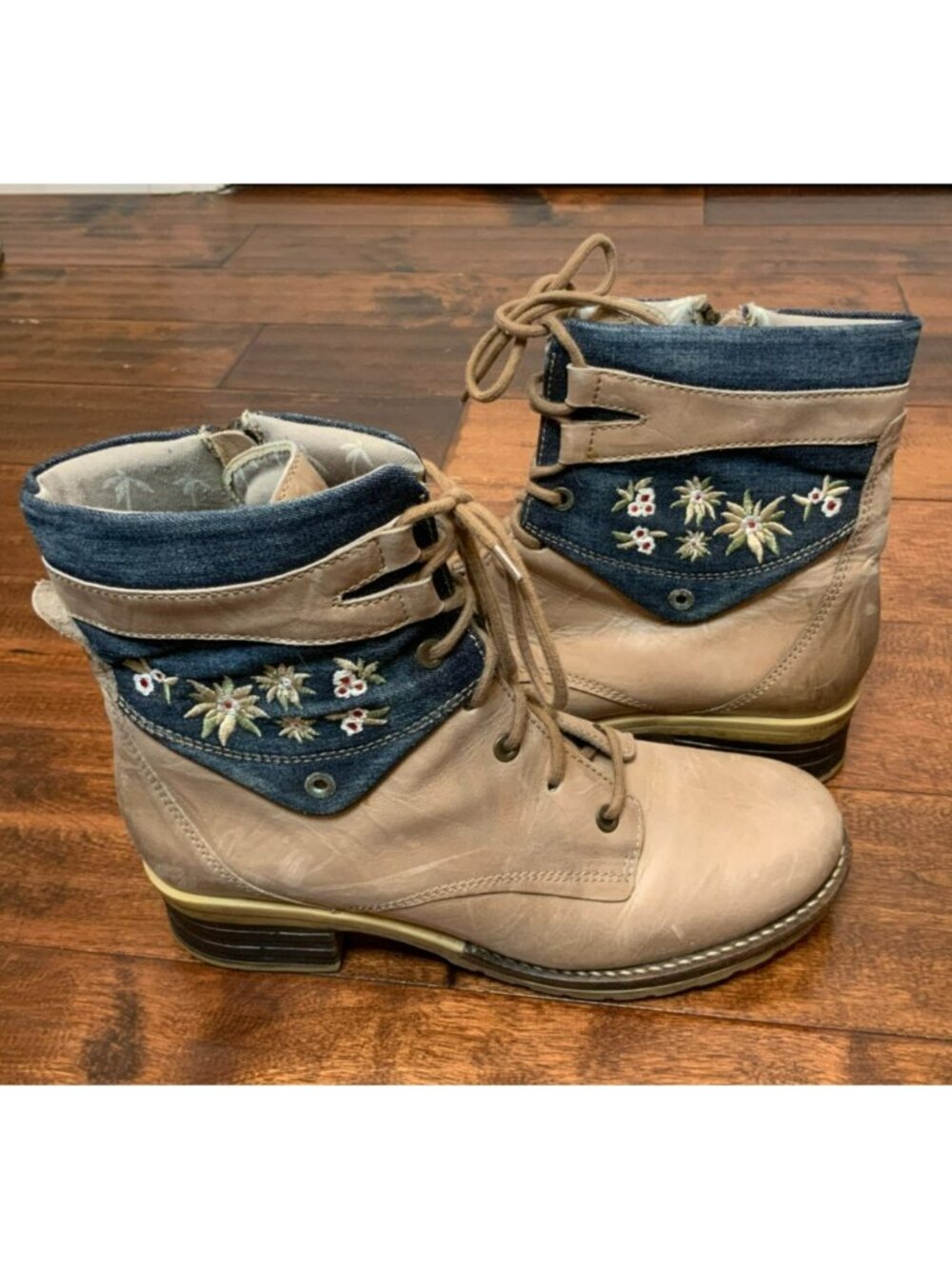 Dromedaris Kara Tan Denim Leather Floral Embroidered Ankle Boots, Size 11 | 42